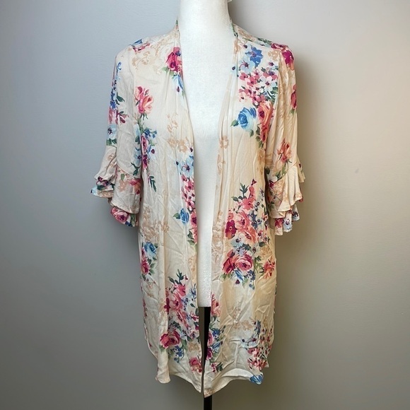 𝅺My Story Cream Floral Open Front Kimono Sz Medium - Picture 1 of 6